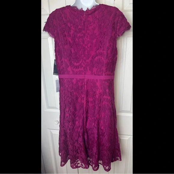 New ADRIANNA PAPELL Illusion Inset Fit Flare Dress Crushed Berry Purple Magenta - Picture 7 of 11